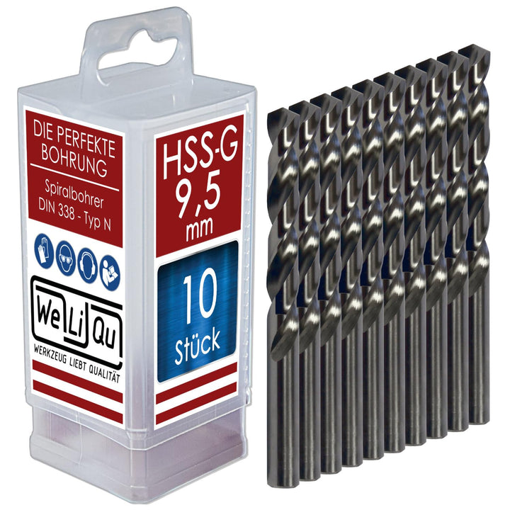 WELIQU 10 Stück HSS-G Spiralbohrer Ø 9,5 mm, geschliffene, selbstzentrierende Präzisionsbohrer für d