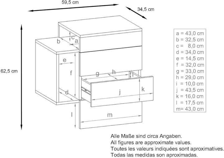 Vladon Nachttisch Queens, Nachttischschrank mit 2 Schubladen und 1 seitlichem Fach zur Wandmontage,