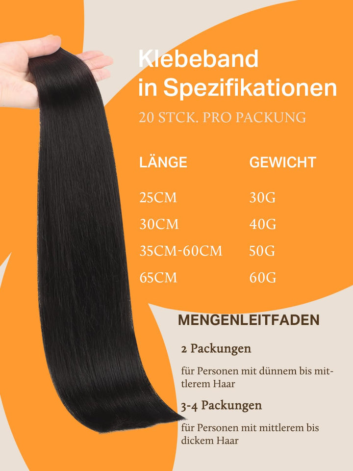 DOORES Tape Extensions Echthaar Natürliches Echthaar Tape in Menschliches Haar, Natürliches Schwarz