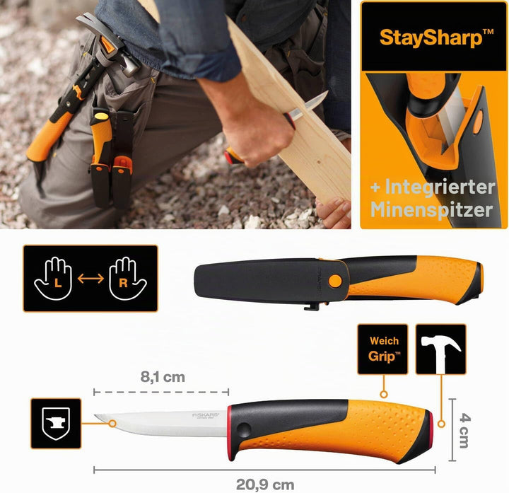 Fiskars Handwerkermesser inklusive Holster mit integriertem Messerschärfer, Gesamtlänge: 20,9 cm, Sc