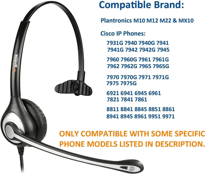 Wantek Telefon Headset RJ9 Monaural mit Noise Cancelling Mikrofon, Quick Disconnect, Call Center Kop