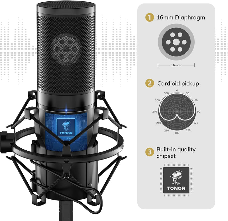 TONOR USB Gaming Mikrofon PC, Podcast Kondensator Microphone Kit Nierencharakteristik mit Arm Popsch