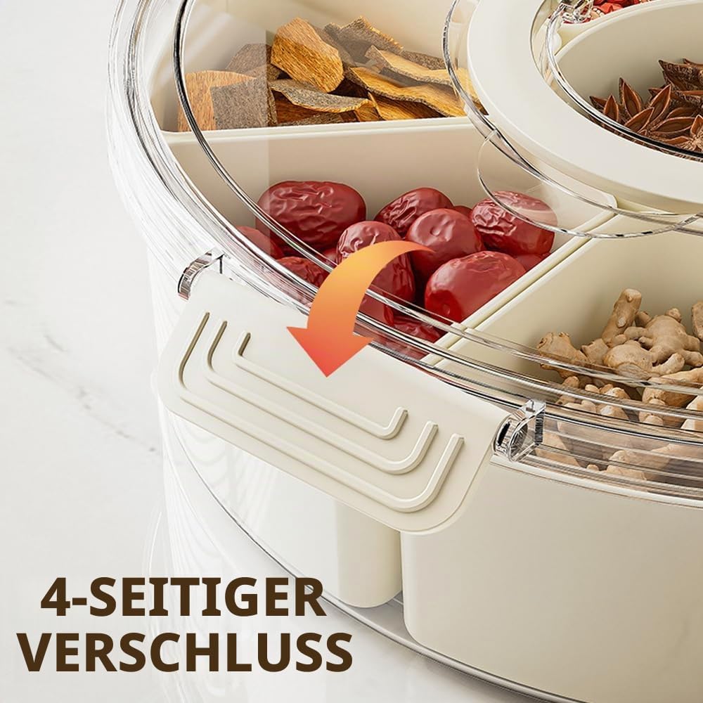 Snackbox mit Fächern, Rund Grosse Snackdose mit 9 Fächern, Deckel, Griff, 4 Gabel, Snackteller mit D