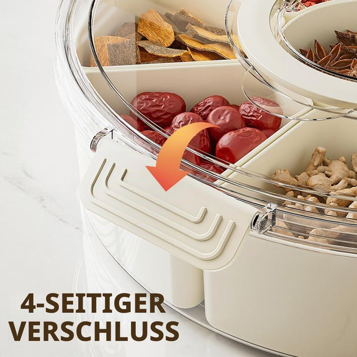 Snackbox mit Fächern, Rund Grosse Snackdose mit 9 Fächern, Deckel, Griff, 4 Gabel, Snackteller mit D