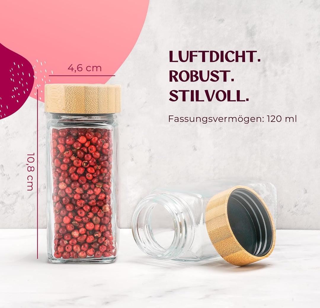 Happy Lemuro Gewürzgläser mit Streueinsatz [24 x 120 ml] 303 Etiketten auf Deutsch | Gewürzbehälter