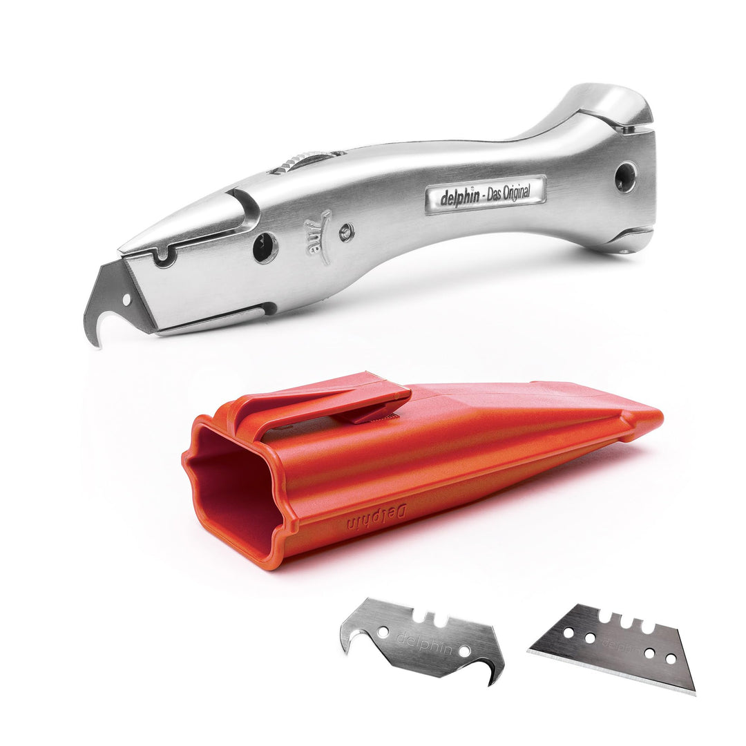 Delphin®-03 Teppichmesser | 1 Hakenklinge | 1 Trapezklinge | Kunststoffköcher