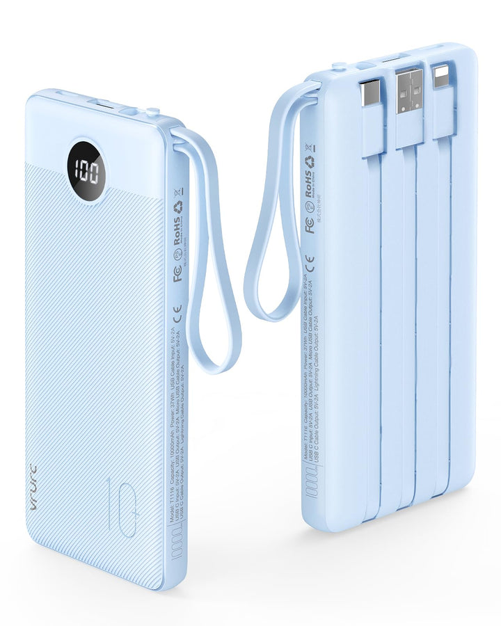VRURC Powerbank 10000mAh mit Kabel, Power Bank Tragbares Ladegerät USB C Externer Handyakkus LED Dis