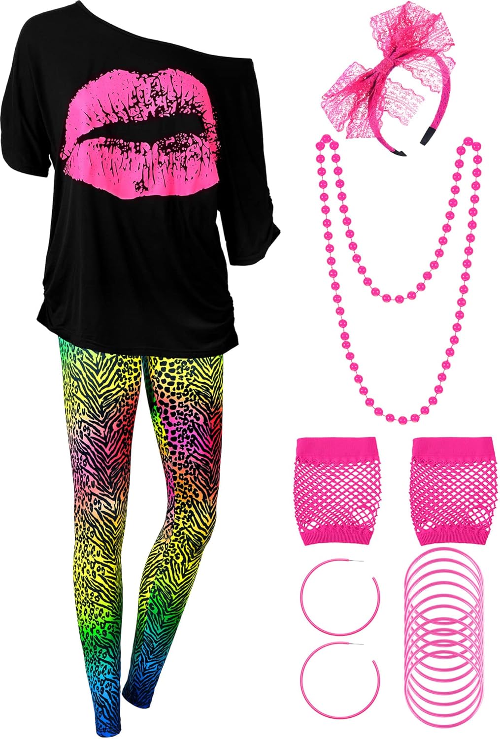 Blulu 80er Jahre Damen Kostüm Set, T Shirt, Legging Hose Ohrring Halskette Handschuhe Armband Kurz Ä