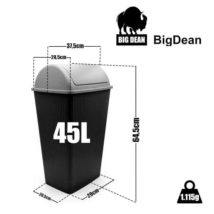 BigDean Mülleimer mit Schwingdeckel 45 L Anthrazit – Abfalleimer für die Küche & Büro – Müllbehälter