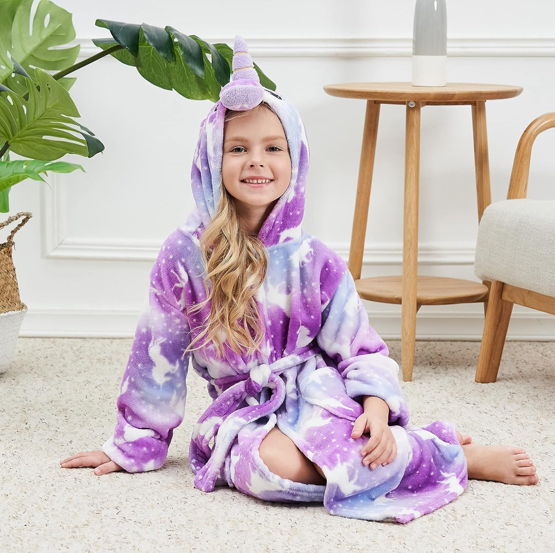 Piefry Weicher Einhorn-Bademantel mit Kapuze für Mädchen mit Einhorn-Pantoffeln, Augenbinde und Stir