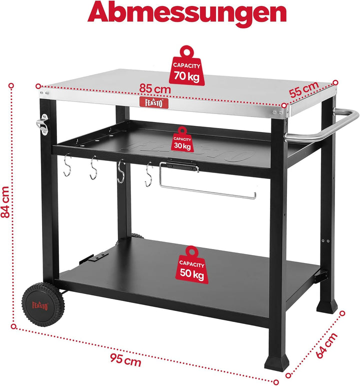 Feasto Grillwagen Outdoor 3 Etagen, Multifunktionaler Grilltisch mit Edelstahlplatt, Griff, Rollen,