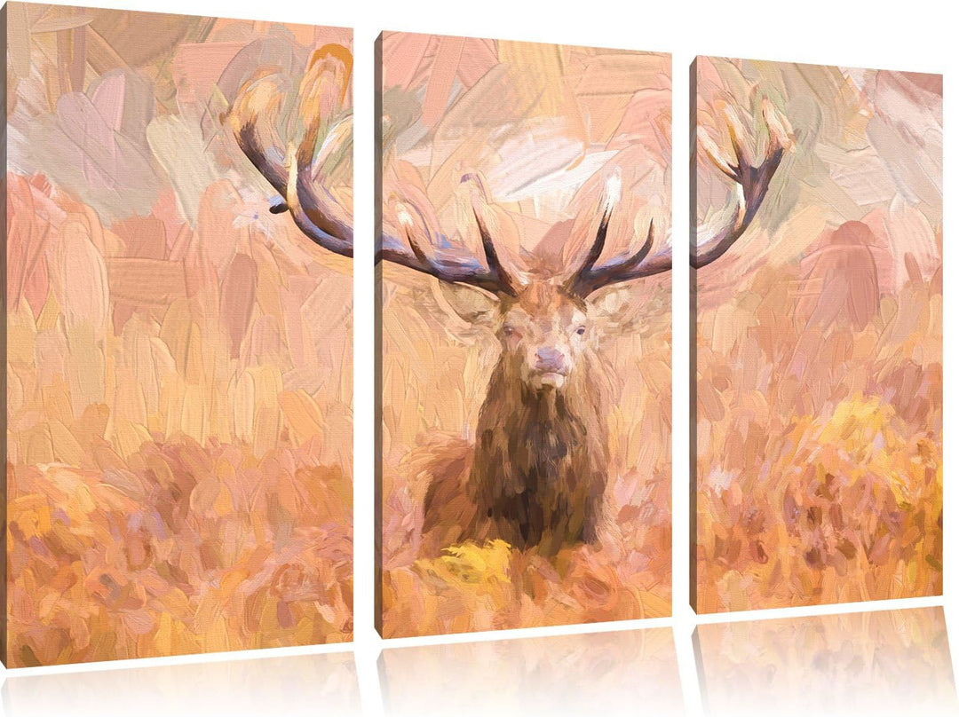 Pixxprint Grosser Hirsch im Feld Kunst als Leinwandbild/Grösse: 3 Teilig (120x80 cm) cm/Wandbild/Kun
