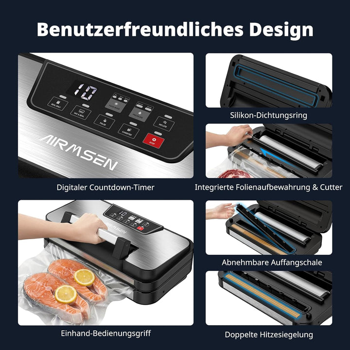 AIRMSEN 0,95 bar Vakuumiergerät mit Aufblasfunktion - Design mit Griffverriegelung und Integrierter