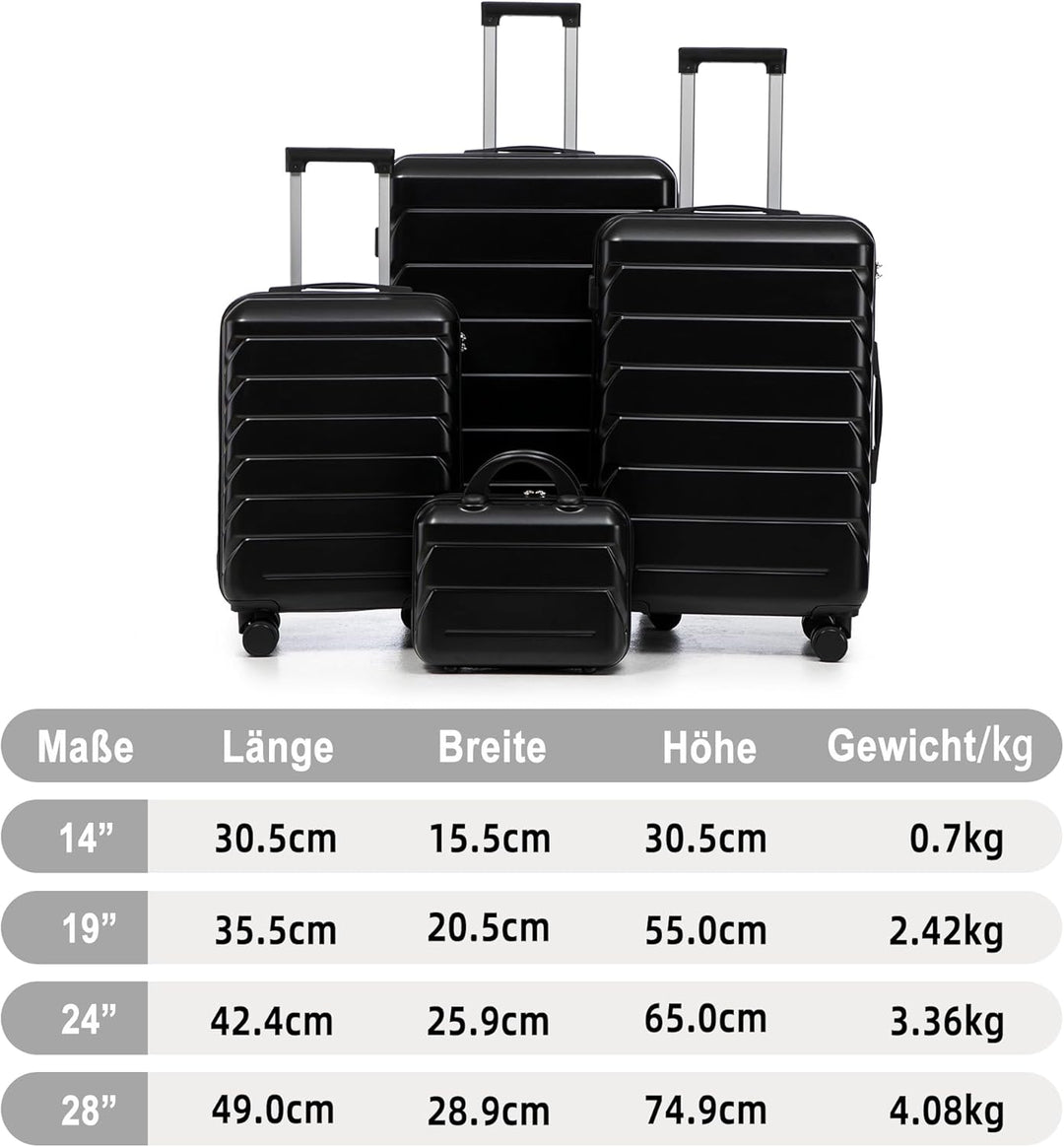 Hartschalen-Koffer Trolley Handgepäck Rollkoffer, Reisekoffer Set mit 4 Rollen, 4er Gepäckset Schwar