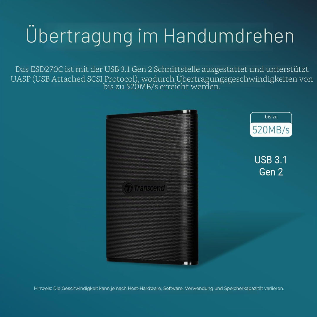 Transcend 1TB USB 3.1 Gen 2 USB Typ-C ESD270C Portable SSD Solid State Drive TS1TESD270C, 1TB