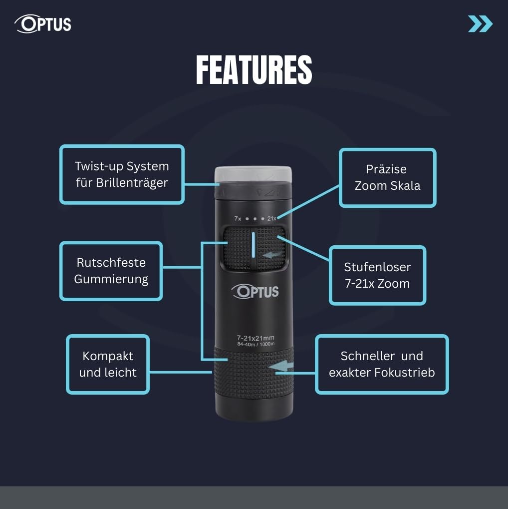 Optus Zoom Monokular 7-21x21 mit Stativanschluss Augenmuschel für Brillenträger kompaktes Fernrohr f