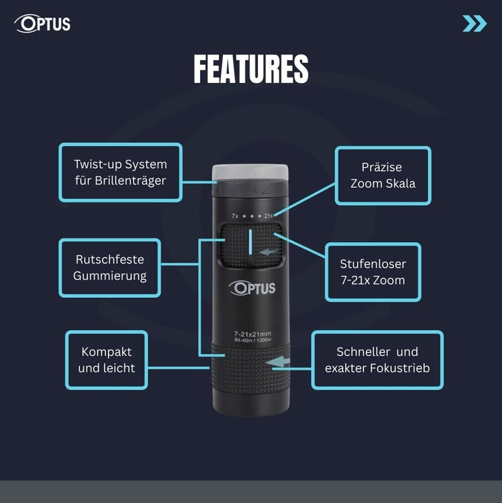 Optus Zoom Monokular 7-21x21 mit Stativanschluss Augenmuschel für Brillenträger kompaktes Fernrohr f