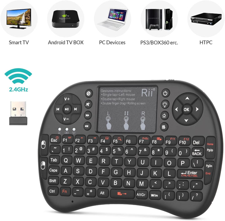 Rii Mini i8+ Wireless (QWERTY US Layout) - Mini Beleuchtete Tastatur mit Multi-Touch Maus-Pad für Sm