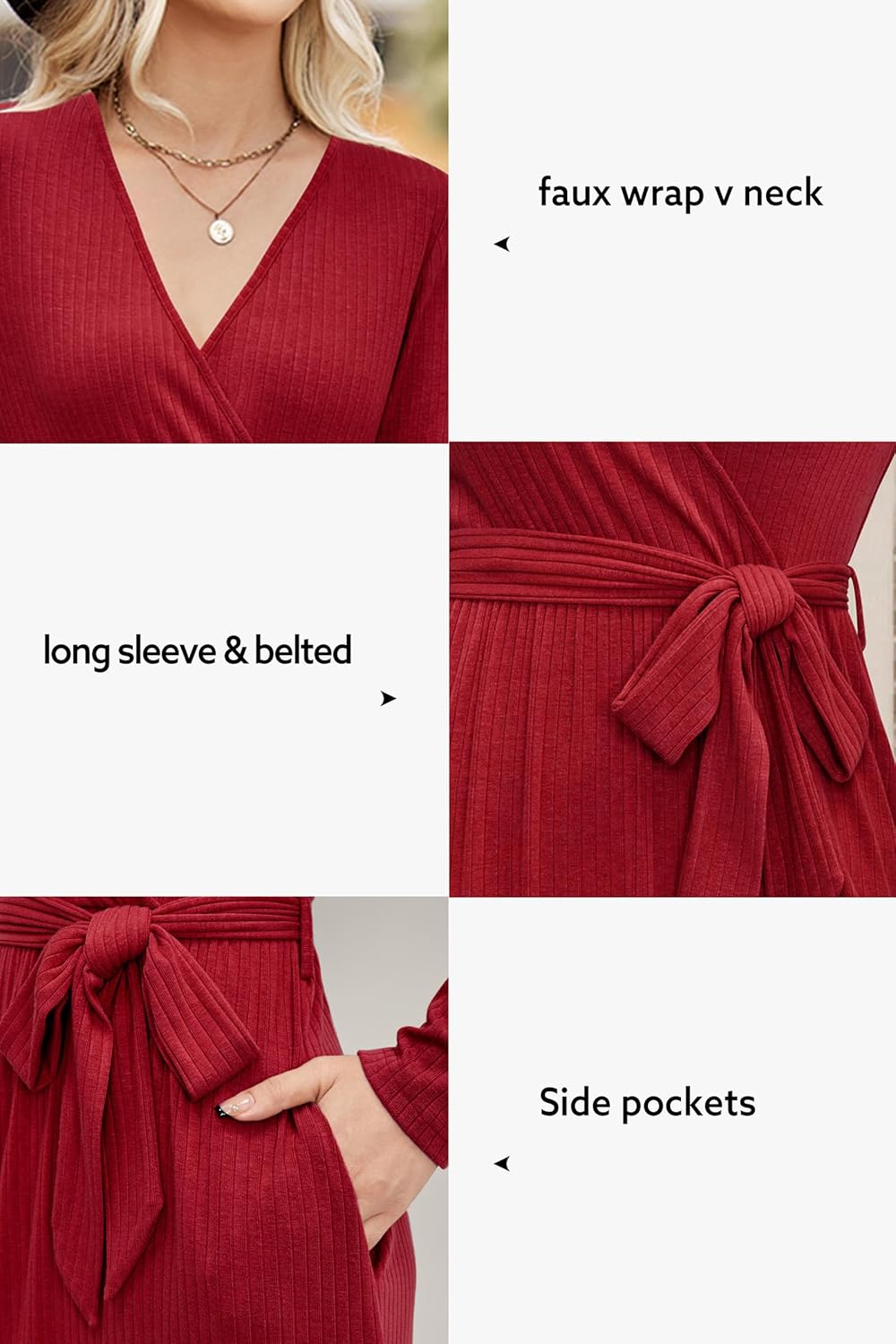 Newshows Strickkleid Damen Herbstkleid V Ausschnitt Pulloverkleid Winterkleid Kleid mit Taschen für