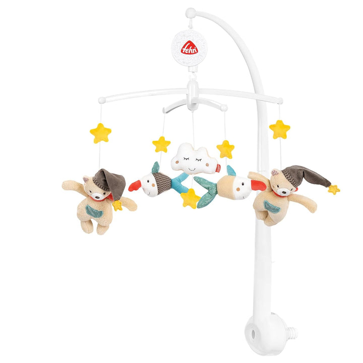 Fehn Musik Mobile Bruno - Baby Einschlafhilfe Musikspielzeug mit süssen Tieren - Babymobile Spieluhr