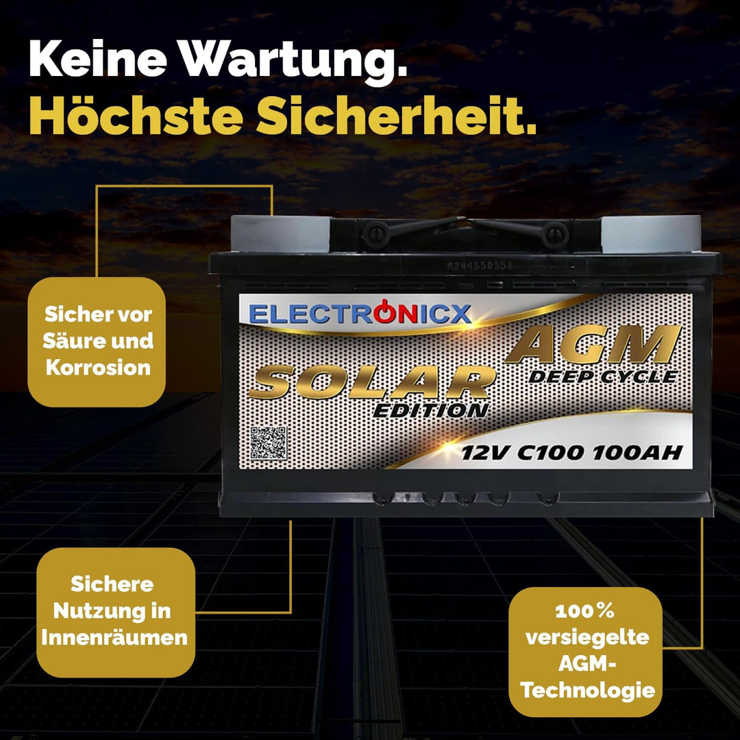 AGM Solarbatterie 12V 100Ah – Wartungsfreier Akku für Wohnwagen, Wohnmobil, Mover, Boot & Off-Grid S
