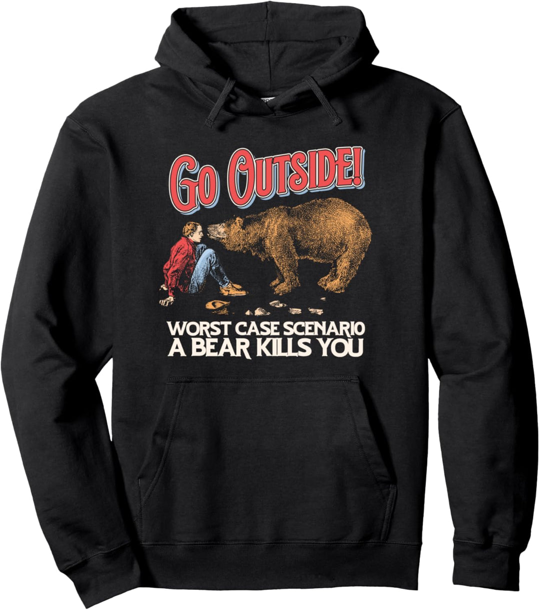 Go Outside! Funny Worst Case Scenario Bear Kills You Retro Pullover Hoodie