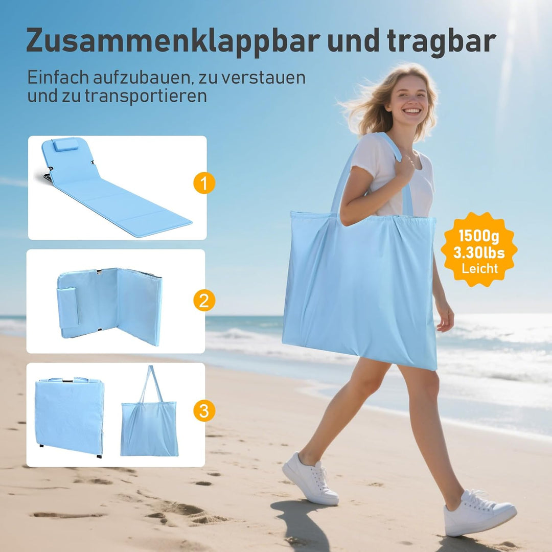 WildFun 2er Set Strandmatte Klappbar mit Rückenlehne 165cm, 5-Stufige Höhe Strandliege Klappbar Leic