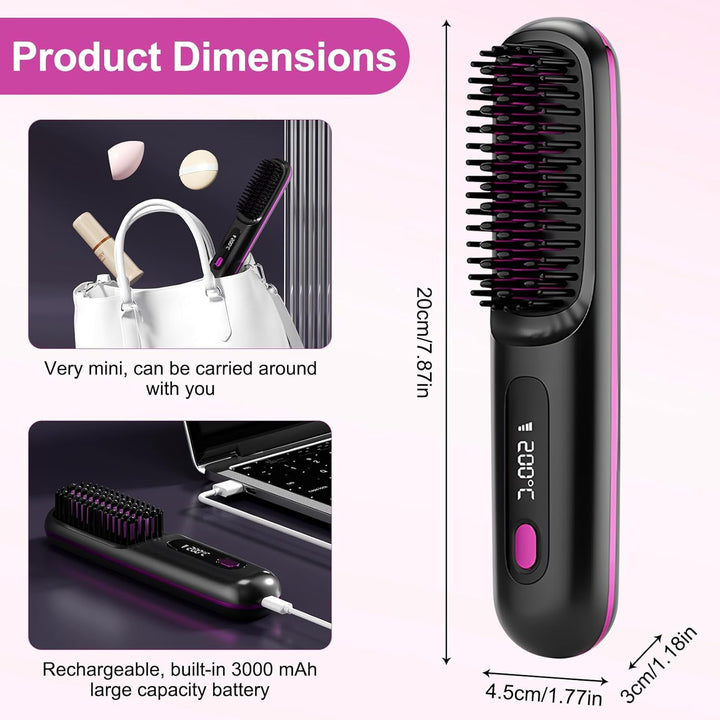 2026 Stylingbürste für kurze Haare Kabellos, LCD Display Glättungsbürste mit 3 Temp-Stufen (160-200°