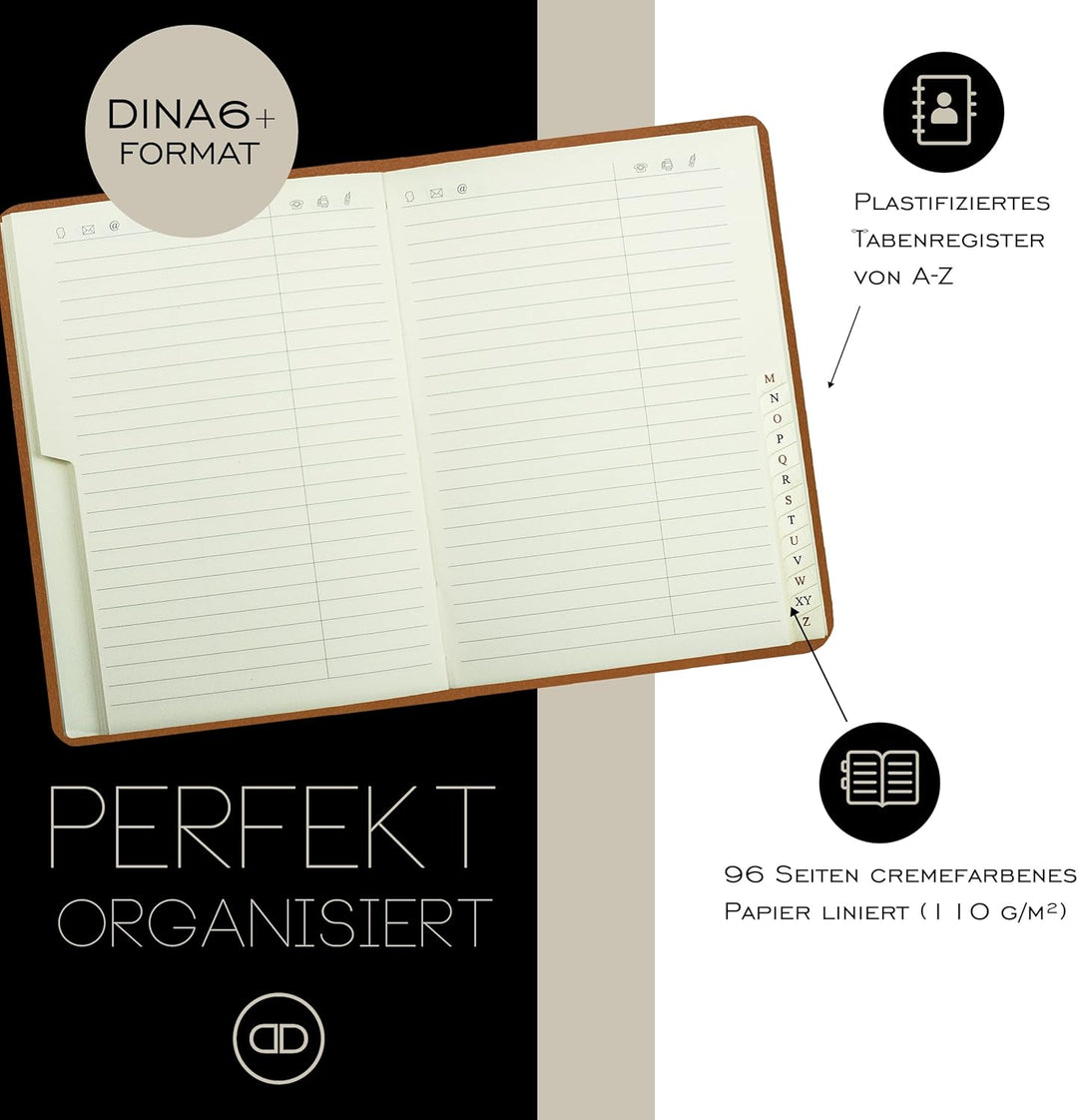 DELMON VARONE - Personalisierbares Adressbuch DIN A6 gebunden mit A-Z Register Boxcalf Premium Leder