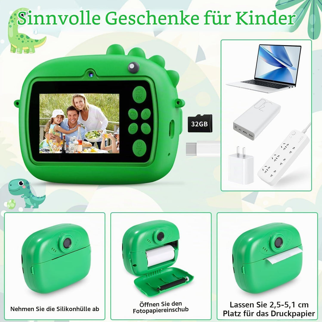 Kinderkamera Sofortbildkamera, 2,4 Zoll Digitalkamera Kinder, Dinosaurier VideoKamera 1080P HD, Sofo