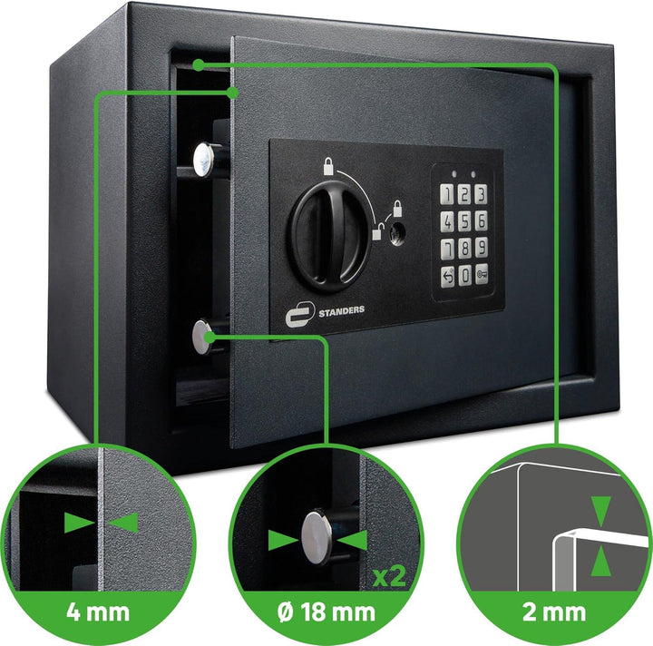 STANDERS - Elektronischer Safe - 16L - 25 x 35 x 25 cm - Wandtresor - Code-Safe - 2 Sicherheitsschlü