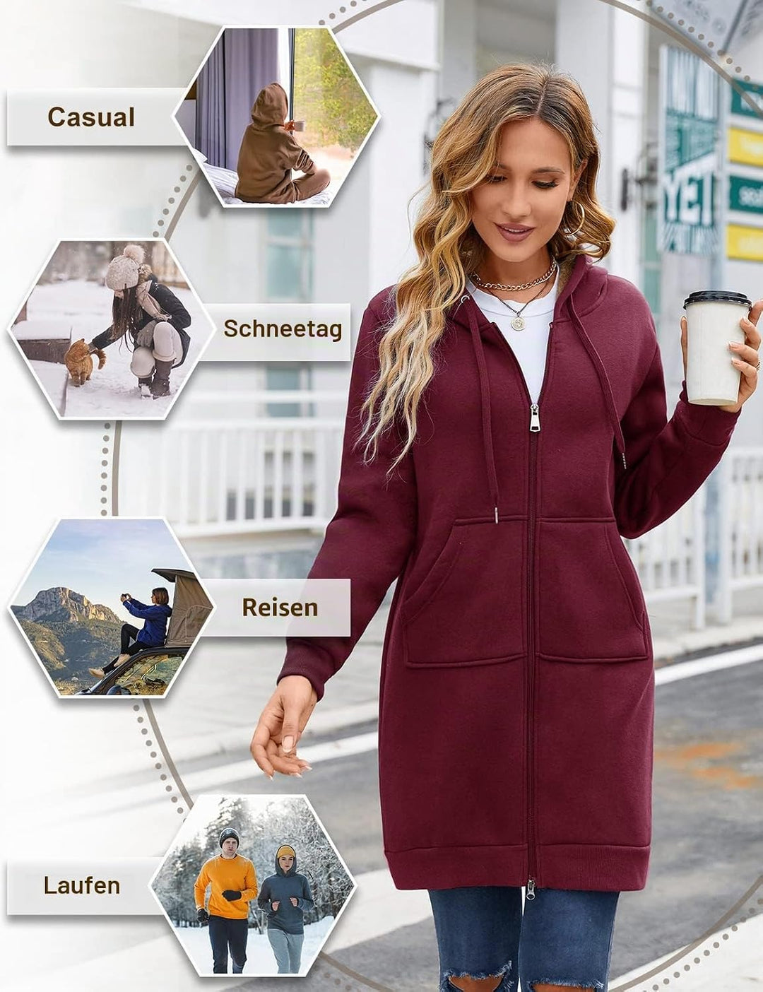 RITOSTA Damen Hoodie Fleecejacke Kapuzenjacke mit Zip Winterjacke Lang Sweatjacke Warme Plüschjacke