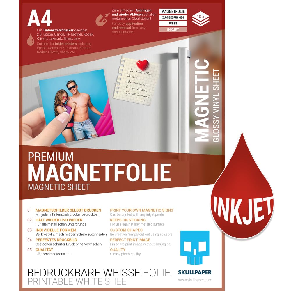 SKULLPAPER® Premium DIY Magnetfolie weiss bedruckbar bemalbar - für Inkjet Tintenstrahldrucker (A4-1