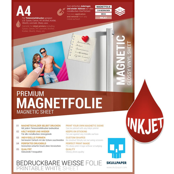 SKULLPAPER® Premium DIY Magnetfolie weiss bedruckbar bemalbar - für Inkjet Tintenstrahldrucker (A4-1