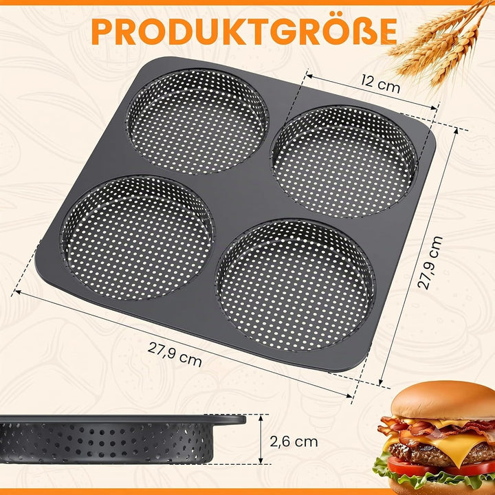 Burger Buns Backform, Perforierte Backform für 4 Burger Buns aus Karbonstahl, Brötchenblech Hitzebes