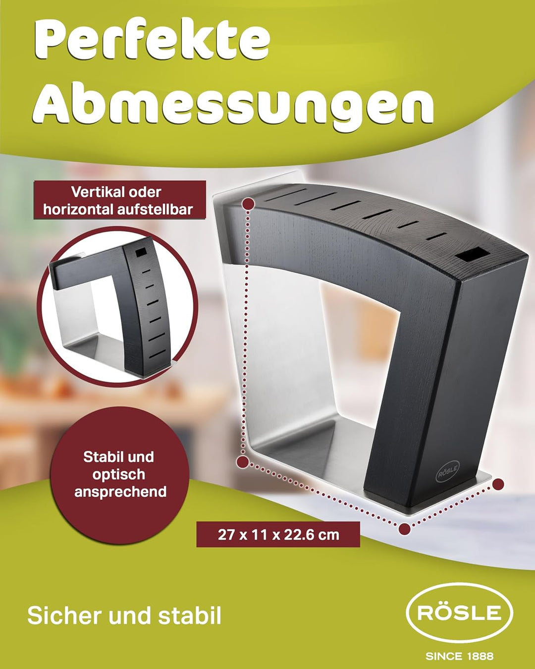 RÖSLE Messerblock MoveX schwarz, Hochwertiger Design-Messerblock aus Edelstahl und Eschenholz, sicht