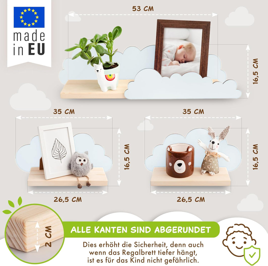 Outentin Wandregal Wolke aus Holz – 3er Set Kinderregal für Kinderzimmer & Babyzimmer – Handgefertig