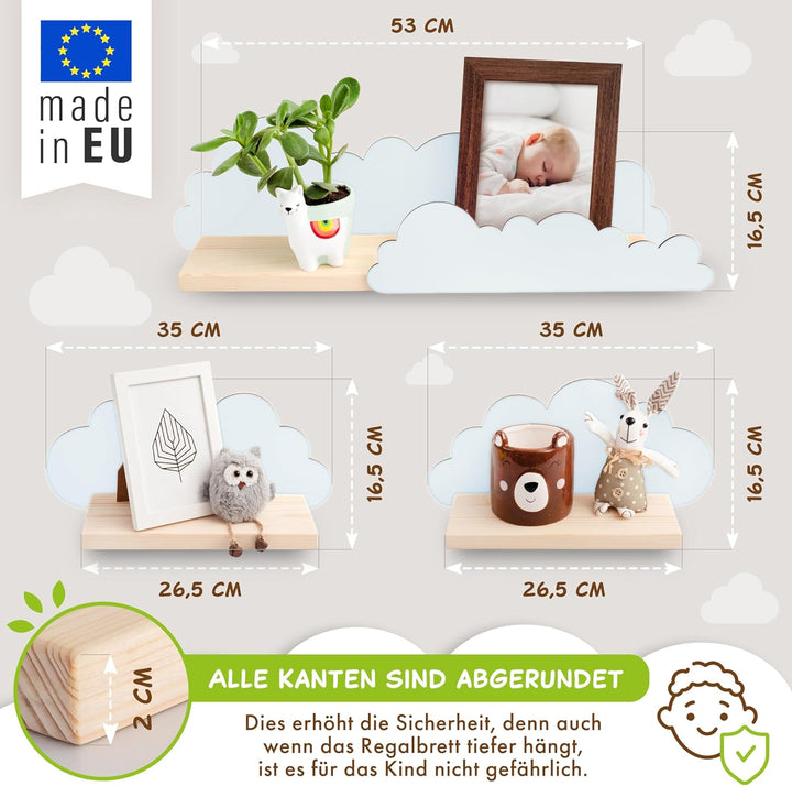 Outentin Wandregal Wolke aus Holz – 3er Set Kinderregal für Kinderzimmer & Babyzimmer – Handgefertig