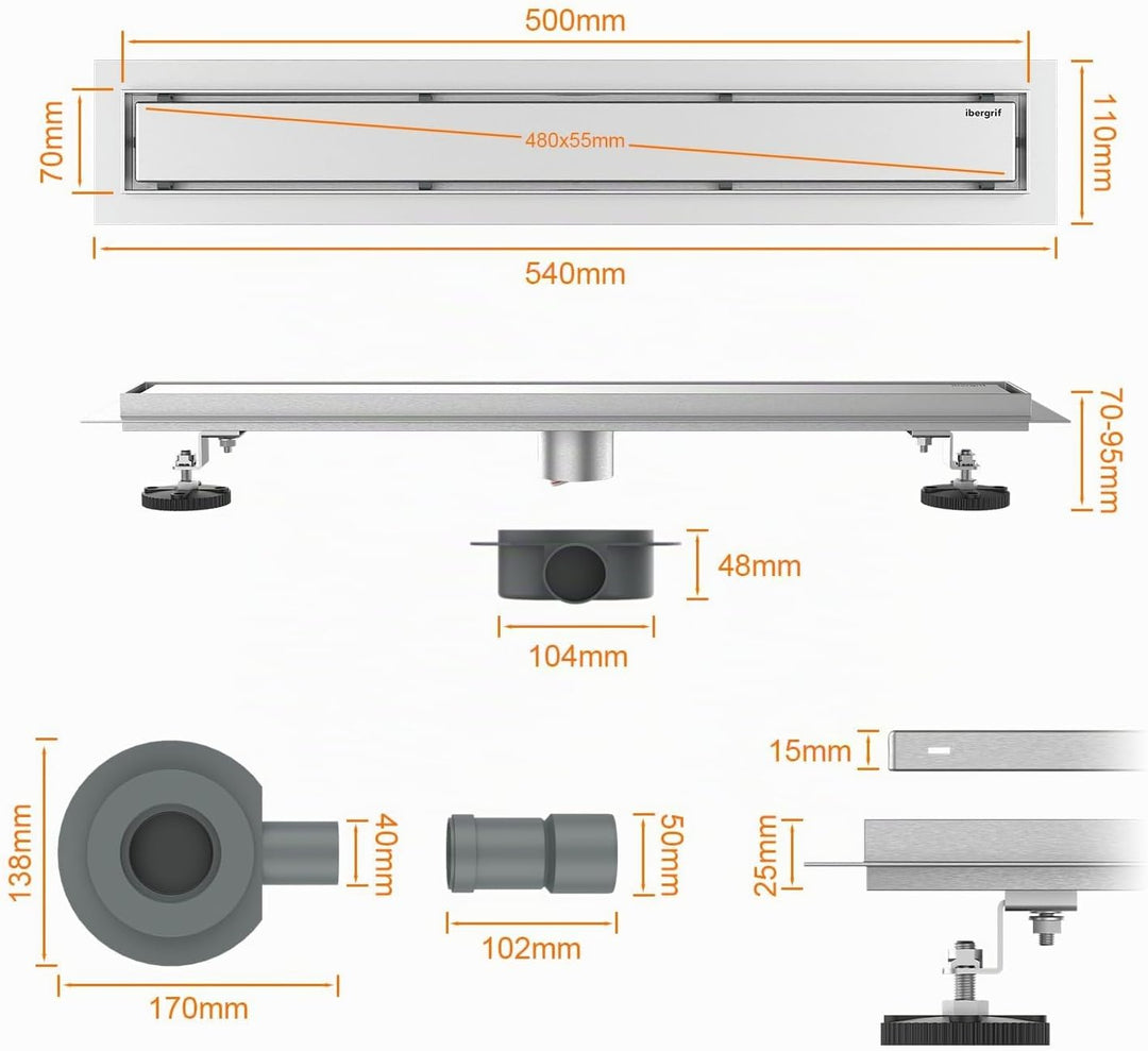 Ibergrif Edelstahl Duschrinne 50 cm Komplettset, Bodenablauf, Siphon mit Geruchsstop, Haarsieb, Befl