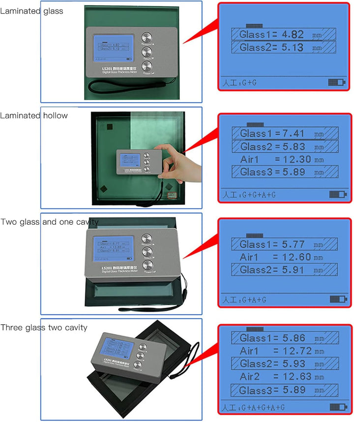 Glasdickenmessgerät, Aluminiumlegierung, schnelle Testgeschwindigkeit, hintergrundbeleuchtetes Displ