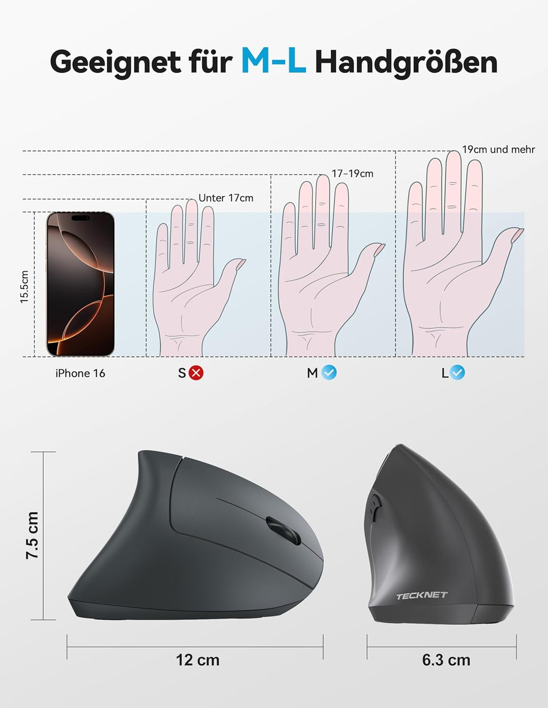 TECKNET Ergonomische Bluetooth Maus, Wiederaufladbar Kabellose Vertikale Maus (BT 5.0/3.0 + 2.4G), 6