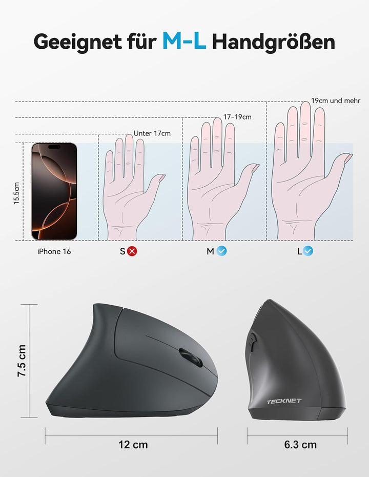 TECKNET Ergonomische Bluetooth Maus, Wiederaufladbar Kabellose Vertikale Maus (BT 5.0/3.0 + 2.4G), 6