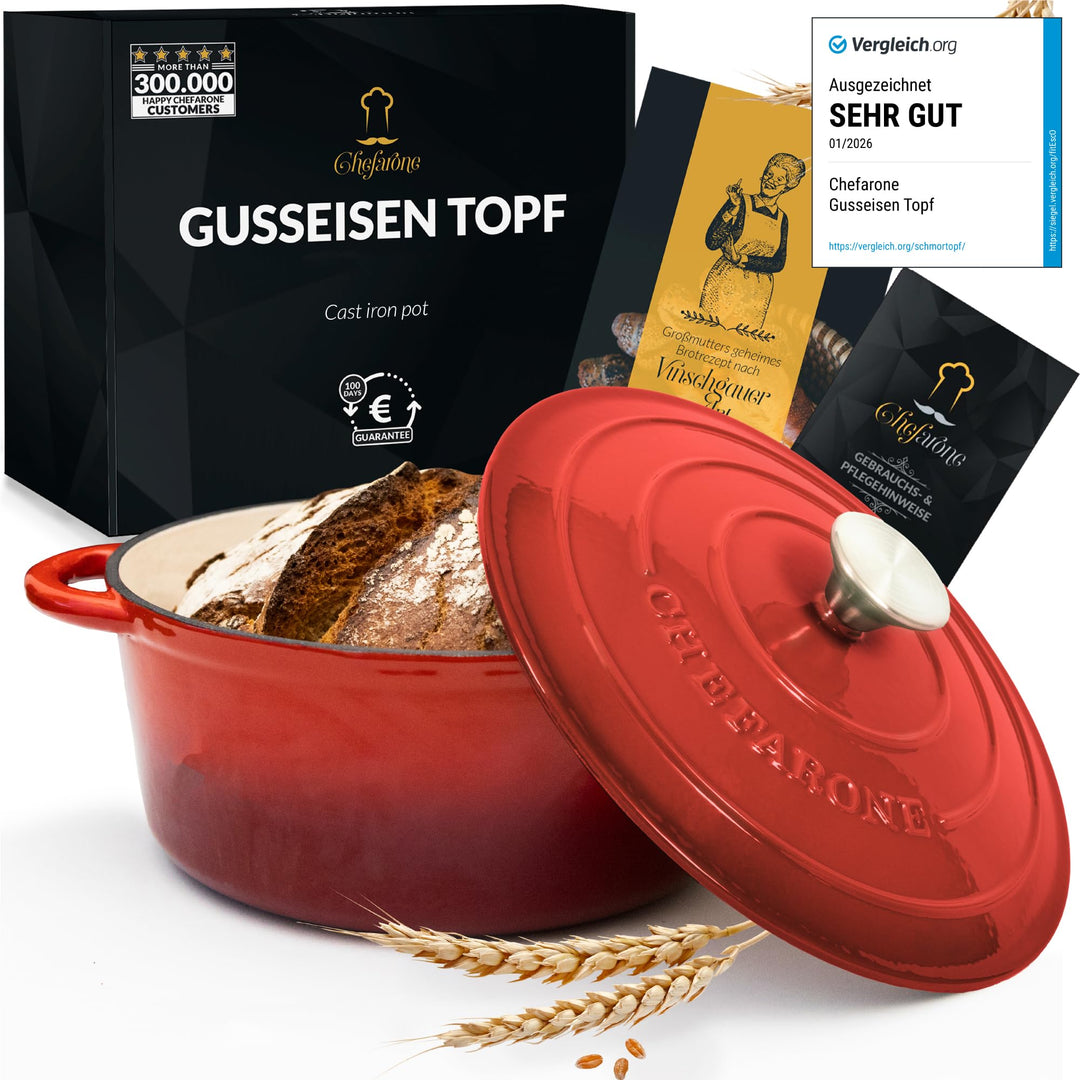 Gusseisen Topf 26 cm 4,7 L emailliert - Schmortopf mit Deckel Induktion - Gusseisen Bräter Topf Brot