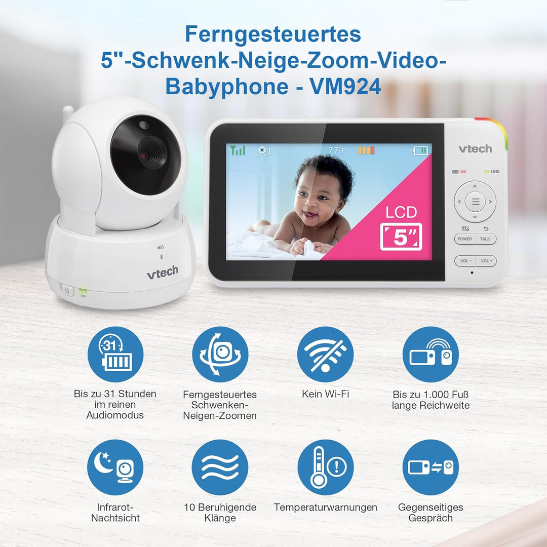 VTECH VM924 Babyphone mit Kamera 5 Zoll Video Baby Monitor, 31 Stunden Akkulaufzeit Babyfon mit Kame
