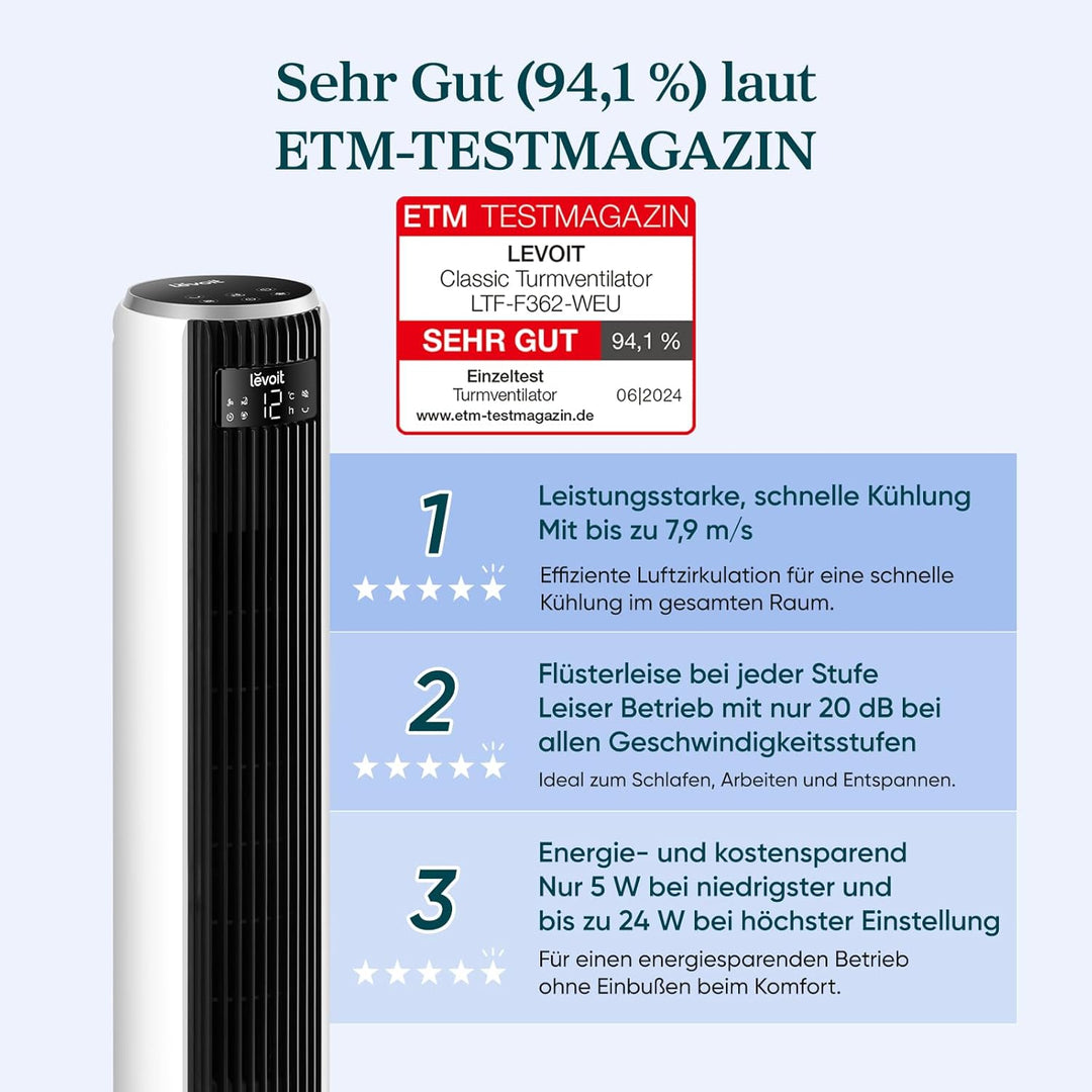 Levoit 20 dB sehr leiser Turmventilator mit Fernbedienung, 7,9 m/s Ventilator mit Kühlung, 90° oszil
