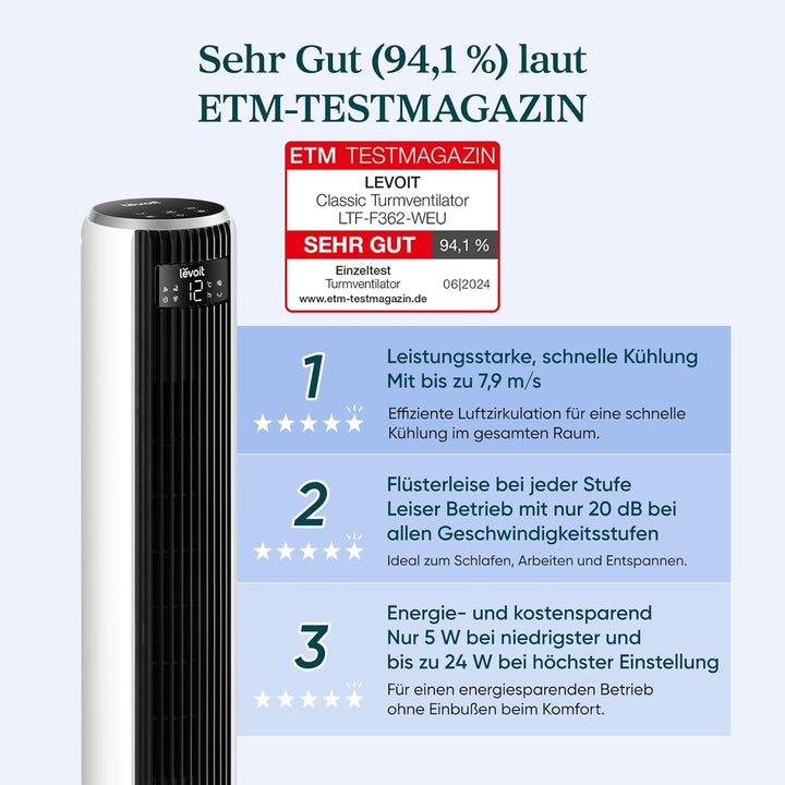 Levoit 20 dB sehr leiser Turmventilator mit Fernbedienung, 7,9 m/s Ventilator mit Kühlung, 90° oszil