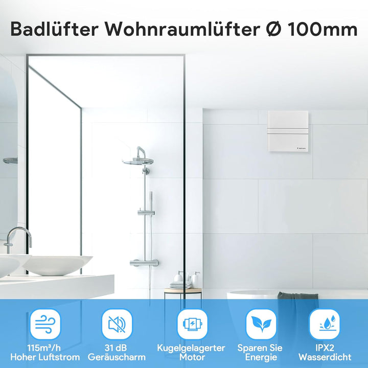 Badlüfter Glasplatte Ø 100mm Wohnraumlüfter Leiser Badlüfter 10 Watt Zuluft Abluft Badezimmerlüfter