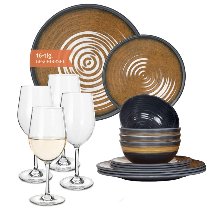Melamin Camping Geschirr Set 4 Personen Stone Curry + 4 Timo Weiss Weingläser Tafelgeschirr Picknick