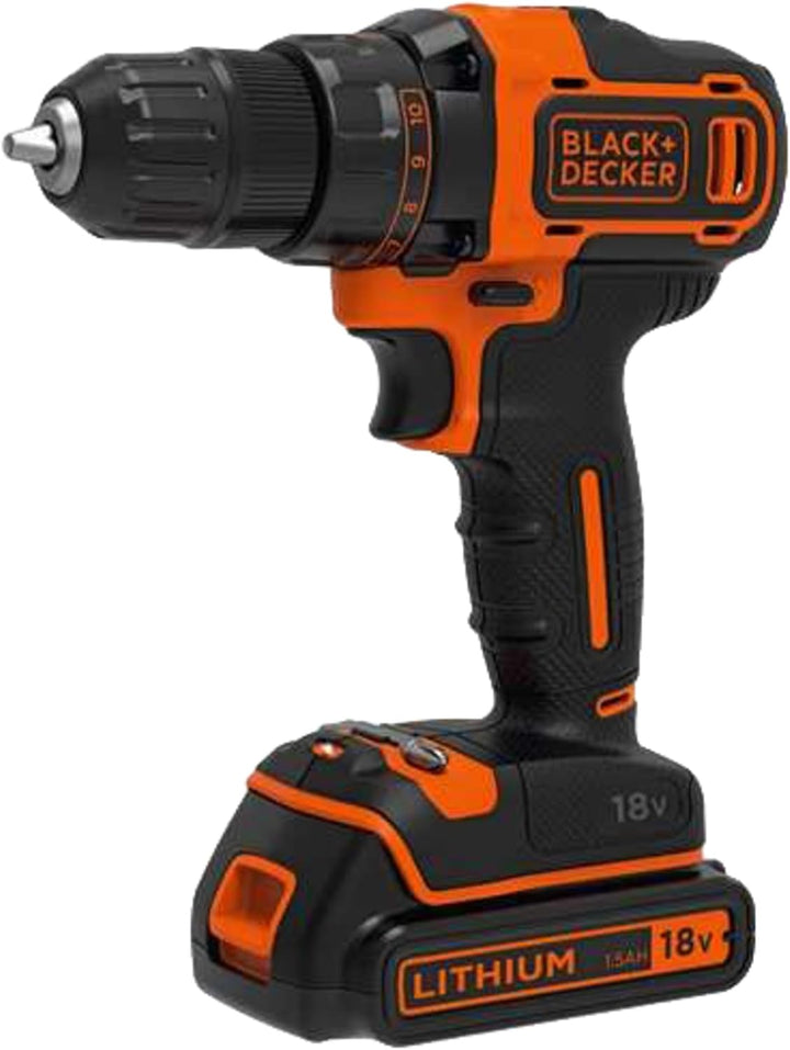 Black+Decker Akku-Bohrschrauber, Bohrmaschine mit 2-Gang Getriebe (18V, 1.5Ah, inklusive 400mA Ladeg