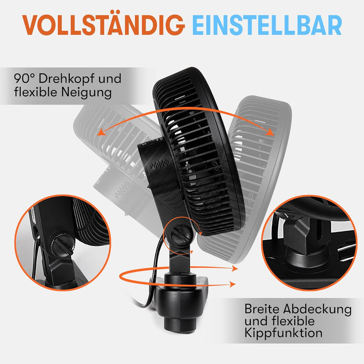 Oszillierender Clip-Ventilator für Growbox & Growzelte EC-Motor mit 10 Stufen, 32 dB(A), 250cm Kabel